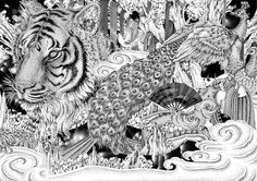 a black and white drawing of a tiger surrounded by other animals