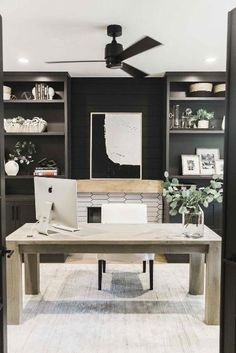 a desk with a computer on top of it in front of some bookshelves