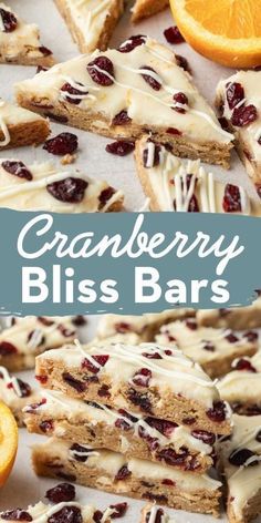 cranberry bliss bars with orange slices on the side