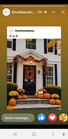 an instagram page with pumpkins on the front steps and leaves around the door