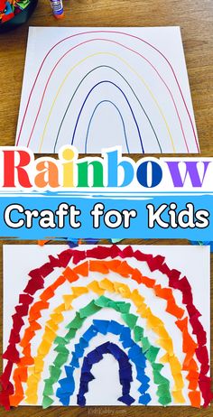 rainbow craft for kids with paper and crayons on the table next to it