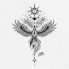 a black and white drawing of an angel with wings on it's back, surrounded by stars