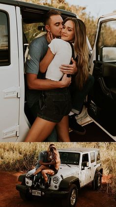 two people hugging each other in front of a truck and an image of a woman kissing a man