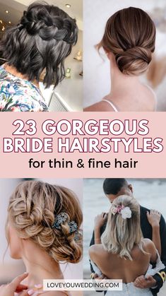 Need wedding hairstyle inspiration for fine hair? We’re sharing over 20 gorgeous bridal hairstyles perfect for thin and fine hair! Whether you’re going for an updo, half up half down, or leaving it down, you’ll find the best ideas for long, medium, or short fine hair. Check out our simple, boho, beachy, and braided wedding hairstyles to make your big day extra special! Wedding Hairstyles For Fine Hair, Braided Wedding Hairstyles, Fine Hair Updo, Bride Hairstyles For Long Hair, Long Bridal Hair, Hairstyles For Fine Hair, Short Hairstyles Fine, Best Bride