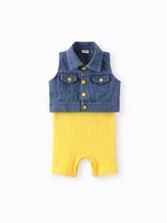 * Each size includes: 1*top, 1*romper
* Soft and comfy
* Material: 20% Spandex, 80% Polyester 
* Machine wash, tumble dry
* Imported Vest Denim, Knitted Romper, Baby Sets, Polyester Spandex, Rib Knit, Denim Jacket, Button Up, Rompers