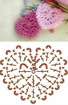 two crocheted hearts are shown next to each other