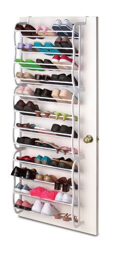 an over the door shoe rack with many pairs of shoes on it's sides