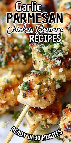 Garlic Parmesan Chicken Skewers Garlic Parmesean Chicken, Chicken Skewers In Oven, Garlic Parmesan Chicken Skewers, Parmesan Chicken Skewers, Chicken Skewer Recipe, Grilled Chicken Skewers, Skewer Appetizers, Kabob Recipes, Skewer Recipes