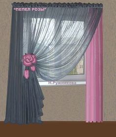 there is a pink rose on the window sill in front of this curtained window