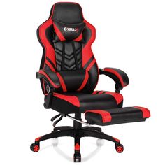 a black and red gaming chair with wheels on it's backrest, sitting in front of a white background