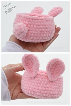 crocheted pink bunny hat with ears is shown in two different views, and the bottom