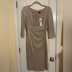 Lauren Ralph Lauren Gold/Platinum Metallic Rouched Stretch Dress Size 8 Elegant Ruched Metallic Dresses, Silver Ruched Formal Dresses, Silver Ruched Dress For Formal Occasions, Navy Evening Gown, Black Holiday Dress, Purple Drapes, Long Maxi Gowns, Cashmere Sweater Dress, Red Long Sleeve Shirt