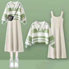 Stripe Green Colorblock Sweater Slip Dres Set Introducing our elegant Stripe Green Colorblock Sweater Slip Dress Set. This stunning set features a unique stripe pattern and contrasting colors for a stylish and sophisticated look. Made from high-quality materials, it offers both comfort and style. Perfect for any occasion, this dress set will surely turn heads. Size Info. M: for Weight Range (45-55 kg). for Height Range (150-175 cm) L: for Weight Range (50-60 kg). for Height Range (150-175 cm) XL Dress Two Pieces, Kawaii Sweater, Clothes Reference, Colorblock Sweater, High Road, Midi Slip Dress, Winter Color, Color Block Sweater, Midi Length Dress