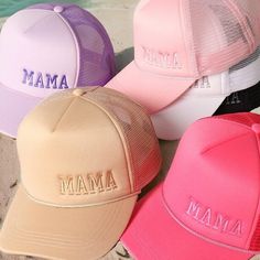 MAMA Embroidered Women's Trucker Hat Available in White, Khaki, Black, Light Pink, Lavender, & Fuchsia ✨THE DETAILS✨ -Top Quality Embroidered Graphic -5 Panel Foam Mesh Back Trucker -Adjustable Snapback *One Size Fits All - Adjustable strap makes fit comfortable* Purple Summer Snapback Hats, White Cap For Mother's Day, Pink Beach Trucker Hat, Pink Brimmed Trucker Hat For Beach, Mother's Day Curved Brim Hat With Letter Print, Pink Hats With Letter Print And Curved Brim, Pink Adjustable Hat With Letter Embroidery, Pink Hat With Letter Embroidery And Curved Brim, Pink Curved Brim Hat With Letter Print