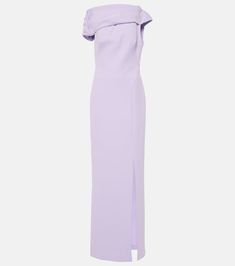 Derra draped crêpe gown in purple - Safiyaa | Mytheresa Formal Pre-draped Crepe Dress, Fitted Pre-draped Gown For Dinner, Fitted Crepe Maxi Dress For Gala, Evening Crepe Dress Pre-draped Style, Evening Pre-draped Crepe Dress, Pre-draped Evening Dress With Fitted Bodice For Dinner, Pre-draped Maxi Dress For Dinner, Fitted Crepe Floor-length Dress, Fitted Floor-length Crepe Dress