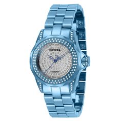 This Invicta watch is the very first one produced in its limited edition series. From the Pro Diver collection, it holds an exact Quartz movement, as well as a 1.13 carats of diamonds, and it features a sturdy light blue case. On its face you can find a pave, metal dial covered by a durable Flame Fusion Crystal. This style is finished by a reliable light blue, stainless steel band, and it offers 100 m water resistance.For a limited time, Eyal Lalo is opening up his private vault of exclusive fir Classic Blue Diamond Watch With Metal Dial, Blue Automatic Diamond Watch, Modern Blue Diamond Watch With Subdials, Invicta Watches Women, Invicta Pro Diver, Watch Display Case, Diver Watch, Premium Watches, Blue Cases