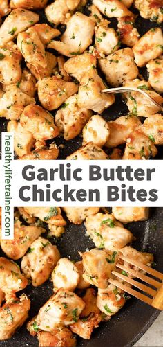 garlic butter chicken bites in a skillet with a fork