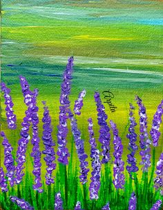 a painting of purple flowers in the grass