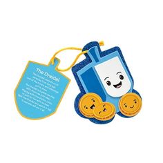 a blue and yellow tag with a cartoon character on it's face next to some gold coins