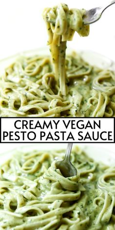 creamy vegan pesto pasta is served in a white bowl with a silver spoon