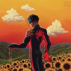 a painting of a man standing in a field of sunflowers with his back to the camera