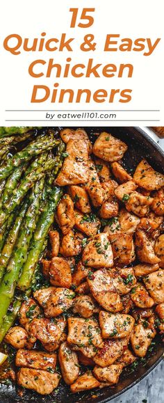 grilled chicken and asparagus in a skillet with lemon wedges on the side