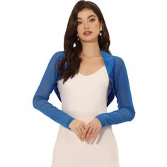 This sheer-sleeve shrug in a soft and lightweight fabric makes an easy, elegant top that can be worn cinched at the shoulder. Complete with fashion chiffon bolero shrugs running through the neck, highlighting the neckline. Perfect for slipping on over your occasions and events. This contemporary cover-up is designed for a clean, collarless silhouette so it is precisely cropped above the waist. Chiffon Bolero, Shrug Top, Cropped Shrug, Mesh Cardigan, Shrug For Dresses, Bolero Cardigan, Bolero Wedding, Shrug Cardigan, Shrug Sweater