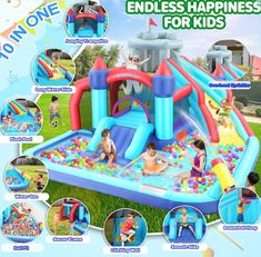 an inflatable water slide with lots of toys