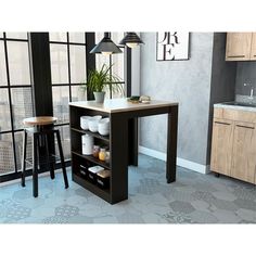 a kitchen with an island and stools next to a window in front of it