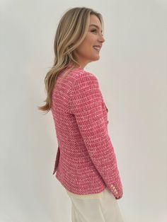 Make a bold statement with Generation Love's Eliza Tweed Blazer in Hot Pink. This vibrant blazer brings a modern twist to classic tweed, featuring a striking hot pink hue that exudes confidence and style. Crafted from high-quality materials, it offers a structured yet comfortable fit, perfect for adding a pop of color to your wardrobe. Whether you're dressing up for a special event or looking to elevate your everyday office wear, this blazer is the ultimate power piece that commands attention. F Pink M, Tweed Blazer, Office Wear, In Hot, Special Event, Special Events, Hot Pink, Color Pop, Comfort Fit