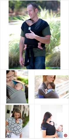 a man holding a baby while standing next to a woman in a black top and green shirt