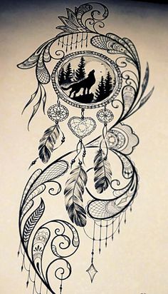 a drawing of a wolf and dream catcher with trees on it's back side