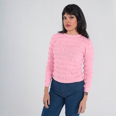 Bubblegum Pink Top 70s Textured Knit Pullover Sweater Retro Simple Basic Crewneck Popcorn Knitwear Vintage 1970s Extra Small XS S - Etsy Winter Textured Knit Pink Top, Pink Chunky Knit Long Sleeve Top, Pink Textured Knit Cropped Crew Neck Sweater, Pink Textured Knit Long Sleeve Top, 70s Tops, Pink Textured Knit Long-sleeve Top, Textured Knit, Knitted Pullover Sweaters, Bubblegum Pink