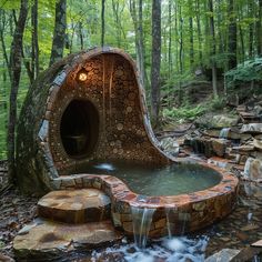 an outdoor hot tub in the middle of a forest with rocks and water flowing from it