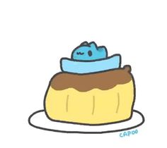 a drawing of a piece of cake with a blue hat on it's top