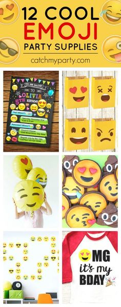 emoji party supplies with text that reads 12 cool emoji party supplies