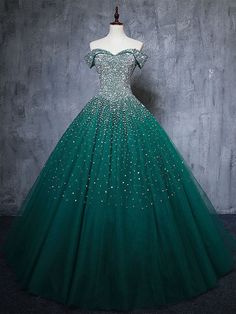 Gorgeous Off Shoulder Beaded Green Tulle Long Prom Dresses, Beaded Green Formal Evening Dresses, Beaded Ball Gown SP2197 Dark Green Quinceanera, Dark Green Quinceanera Dresses, Sparkle Party Dress, Green Gowns, Dress Sweet 16, Green Quinceanera, Green Quinceanera Dresses, Baju Kahwin, Sweet 16 Dress