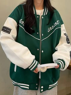 Vintage Logo Graphic Varsity Jacket Jacket Embroidery, Drop Shoulder Sleeve, Jacket Outfit Women, Embroidery Letter, Logo Vintage, Vintage Punk, Easy Trendy Outfits, Button Jacket