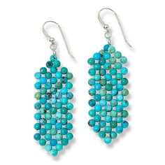 Jay King Heavenly Well Lake Turquoise Woven Bead Drop Earrings Tiny blue-green turquoise beads handcrafted into a woven design give these dangling earrings a fun, fashionable touch of dimension and color. From Jay King.       Approx. 2-3/8"L x 5/8"W     Stamped .925      Earrings have 3mm turquoise beads woven together in drop design   Stone Information       All sizes and weights approximate     Stabilized Heavenly Well Lake Turquoise - Round (3mm); mined in China Turquoise Beaded Dangle Jewelry, Turquoise Beaded Round Earrings, Turquoise Dangle Jewelry With Colorful Beads, Turquoise Beaded Drop Earrings, Turquoise Gemstone Beads Earrings As Gift, Artisan Turquoise Beaded Earrings With Ear Wire, Blue Bohemian Earrings With Polished Beads, Bohemian Blue Earrings With Polished Beads, Bohemian Drop Earrings With Polished Beads