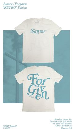 Sinner / Forgiven “Retro Edition” vintage white tees Traditional Tattoo Artwork, Christian Clothing Men, Hoodie Design Ideas, Christian Clothing Brand, Christian Graphic Design, Christian Church Outfit, Christian Streetwear, Do Not Conform, Women's Tattoo