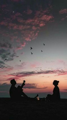 two people are sitting on the ground at sunset with birds flying overhead in the sky