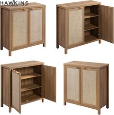 four different views of a cabinet with doors and shelves in various angles, including the bottom section