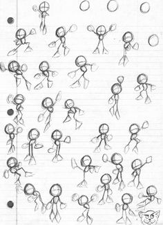 an image of cartoon character sketches on lined paper with circles and lines in the shape of people