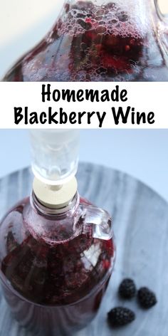 homemade blackberry wine in a glass bottle