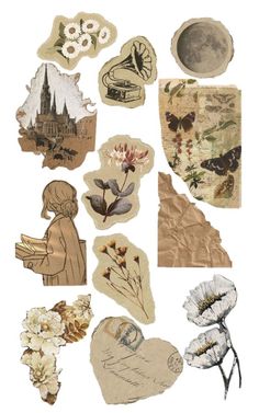 an assortment of paper cut outs with flowers and pictures on them