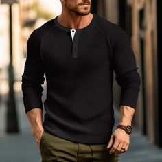 Season:Spring   Fall; Fabric:95% Polyester 5% Spandex; Sleeve Length:Long Sleeve; Look After Me:Machine wash,Washable; Gender:Men's; Style:Fashion,Designer,Basic; Elasticity:Micro-elastic; Tops Type:T shirt Tee,Henley Shirt,Tee Top,Long Sleeve Shirt,Waffle Knit Tee; Occasion:Vacation,Casual Daily,Going out,Street; Age Group:Adults; Fit Type:Regular Fit; Pattern:Plain,Raglan Sleeve; Neckline:Henley; Front page:FF; Listing Date:09/26/2023; Bust:; Length:; Shoulder Width:null; Sleeve:null Casual Black Henley With Crew Neck, Casual Black Crew Neck Henley, Black Ribbed Long Sleeve T-shirt, Casual Black Waffle Knit Top, Waffle Tee, Mens Henley, Style Basic, Henley Shirt, Fall Fabric