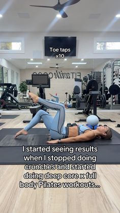 a woman laying on top of a yoga mat in a gym with the caption that reads, i started seeing results when stopped doing exercises