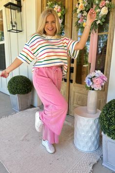 Rachel Washed Terry Knit Wide Leg Pant Bottom Be seen in this Barbie-approved look: the Rachel Washed Terry Knit Wide Leg Pants! These comfy-chic bottoms feature an elastic waist and drawstring, plus exposed seaming for an extra-fab flair. So pop 'em on and strut your stuff in style! Nobody can resist the hot-pink heat. Product Details: Color: Barbie Pink Wide Leg Pant Elastic Waist and Drawstring Explosed Seaming Material and Care: Material: 100 cotton Origin: Imported Care: Hand Wash Cold Patt Pink Denim Pants Outfit, Denim Pants Outfit, Light Pink Pants, Knit Wide Leg Pants, Teacher Fits, Character Costume, The Rachel, Comfy Chic, Short Blonde