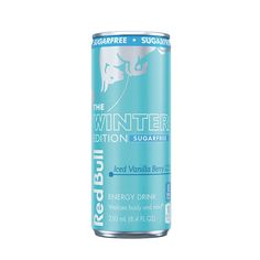 a can of red bull energy drink on a white background with the words, winter addition sugar free energy drink