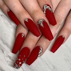 Red Diamond Nail Designs, Red Nails With Diamonds Rhinestones, Red Nail Art Designs Wedding Classy, Red Nails Diamonds, Red Wedding Nails For Bride, Red Nails With Stones, Red Diamond Nails, Red Nails With Diamonds, Red Nails With Gems